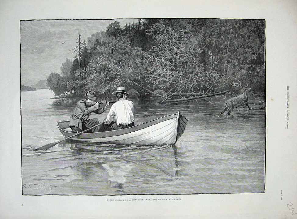 Old Antique Print 1885 Deer Shooting New York Lake Boat Sport America Men 19th