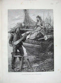 Old Antique Print 1885 Davidson Knowles Fine Art Woman Man Fisherman Saw 19th