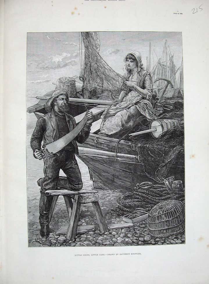 Old Antique Print 1885 Davidson Knowles Fine Art Woman Man Fisherman Saw 19th