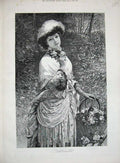 Original Old Antique Print 1885 Fine Art Knowles Beautiful Woman Flowers 19th