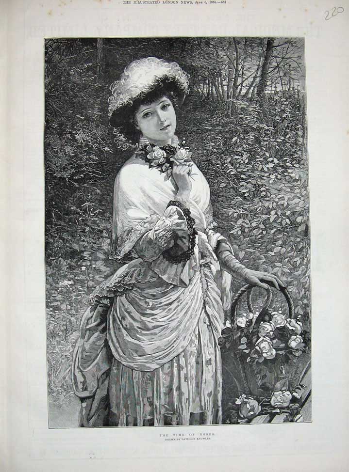 Original Old Antique Print 1885 Fine Art Knowles Beautiful Woman Flowers 19th