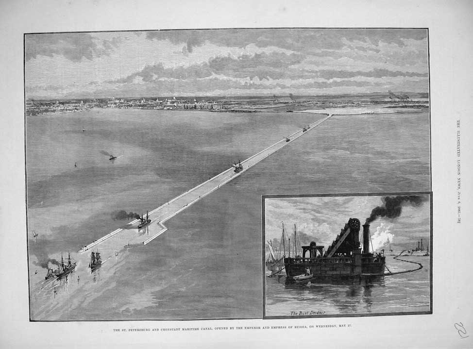 Old Antique Print 1885 Russia Petersburg Cronstadt Maritime Canal Ships 19th