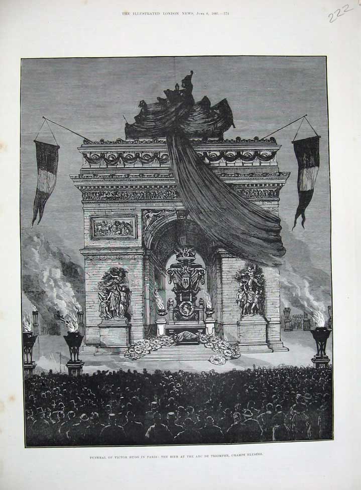 Original Old Antique Print 1885 Champs Elysees France Funeral Victor Hugo Paris