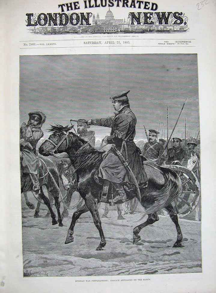 Old Antique Print 1885 Woodville Art Russian War Cossack Artillery Horse 19th