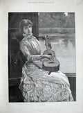 Original Old Antique Print 1885 Edward King Fine Art Beautiful Woman Music Lady