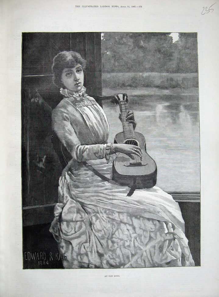 Original Old Antique Print 1885 Edward King Fine Art Beautiful Woman Music Lady