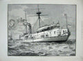 Original Old Antique Print 1885 Navy Ship H.M.S Colossus Double-Turret Ironclad