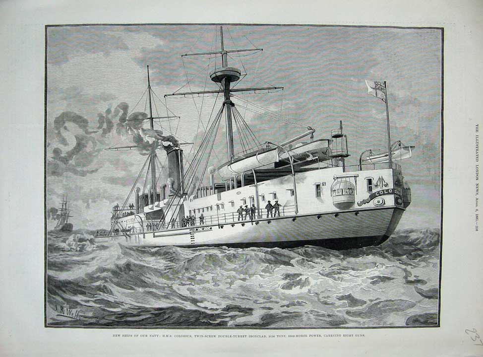 Original Old Antique Print 1885 Navy Ship H.M.S Colossus Double-Turret Ironclad