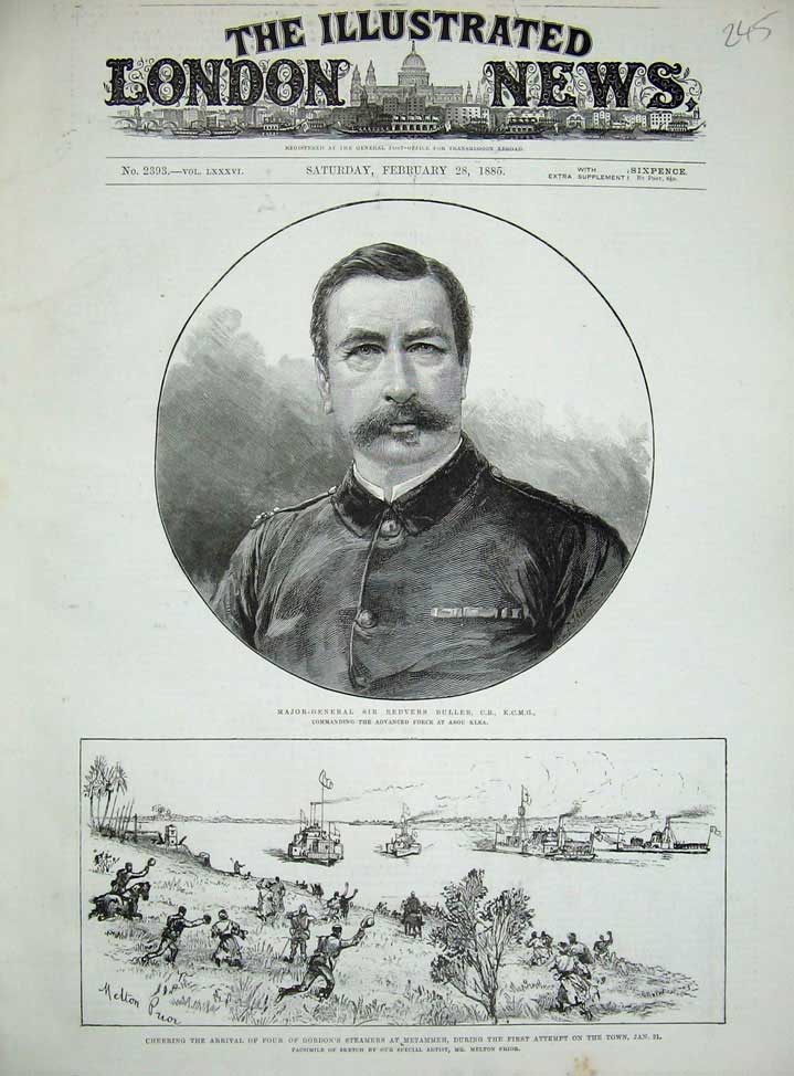 Old Antique Print 1885 Sir Redvers Buller War Ship Metammeh Gordons Men 19th