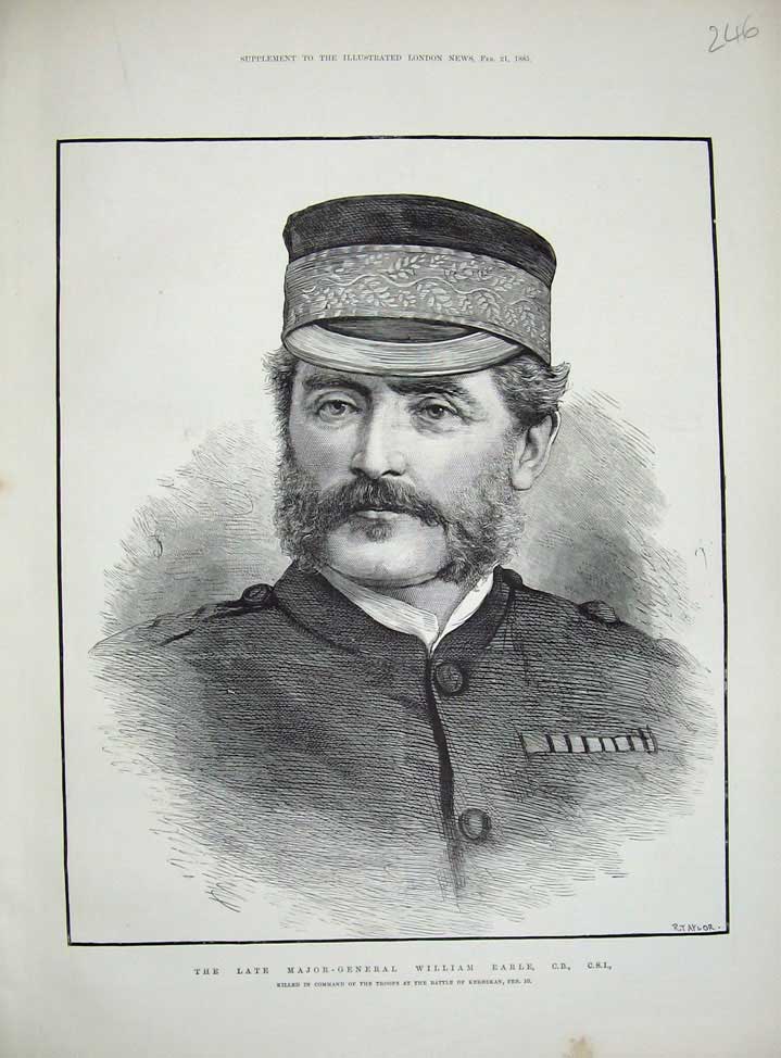 Original Old Antique Print 1885 Portrait Major-General William Earle War Man