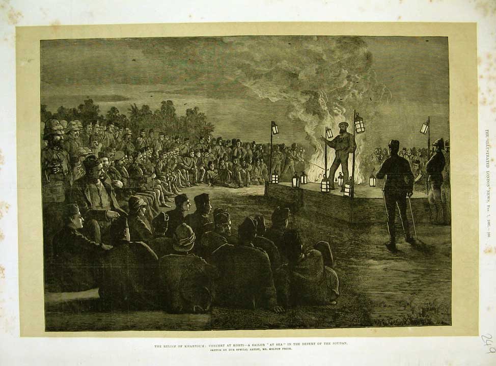 Original Old Antique Print 1885 Khartoum Concert Korti Sailor Desert Soudan War