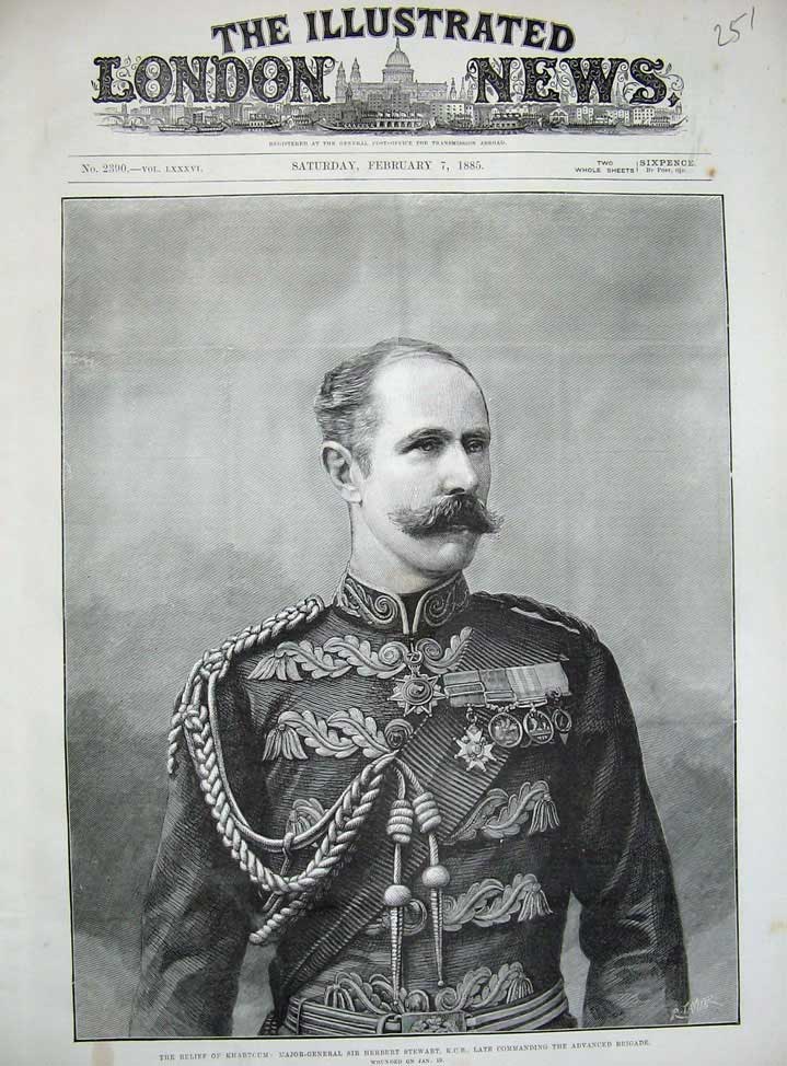 Original Old Antique Print 1885 Major General Herbert Stewart War Khartoum Man