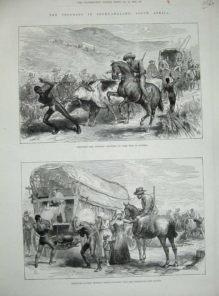 Original Old Antique Print 1885 Bechuanaland South Africa Waggons Horses Goshen