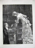 Original Old Antique Print 1885 Overend Fine Art Woman Man Stairs Romance House