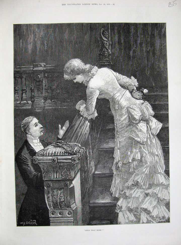 Original Old Antique Print 1885 Overend Fine Art Woman Man Stairs Romance House