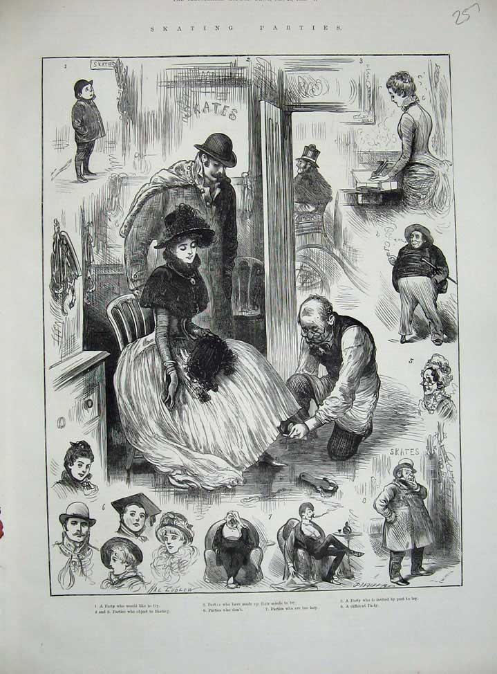 Original Old Antique Print 1885 Ice Skating People Children Party Ludlow 19th