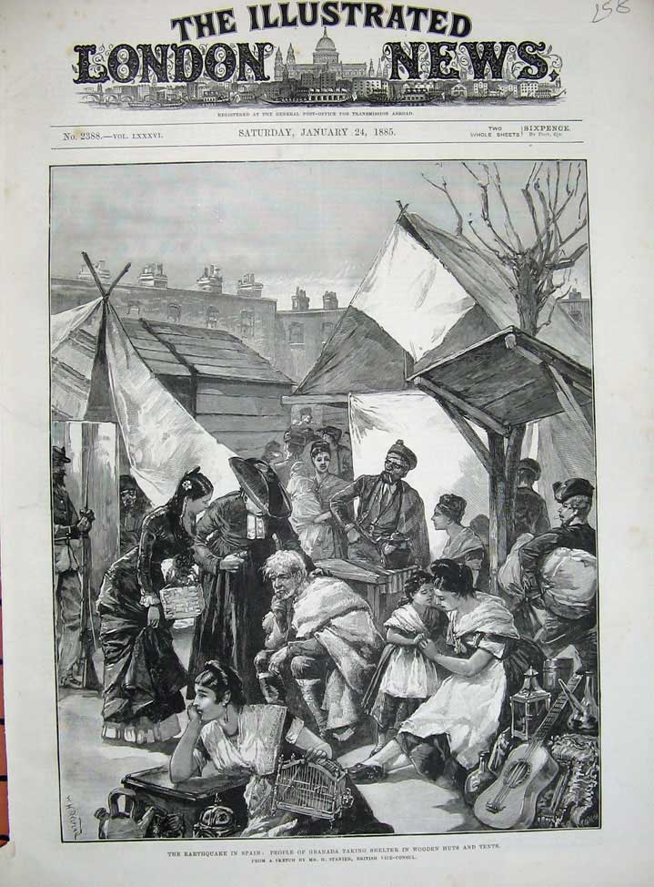 Old Antique Print 1885 Earthquake Spain People Granada Wooden Huts Tents 19th