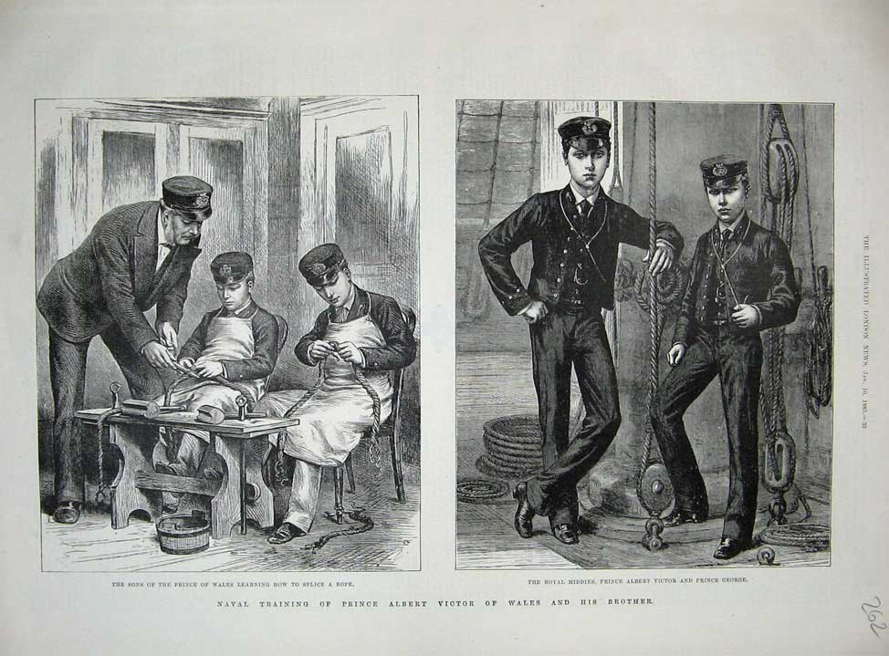 Original Old Antique Print 1885 Prince Albert Victor George Naval War Training