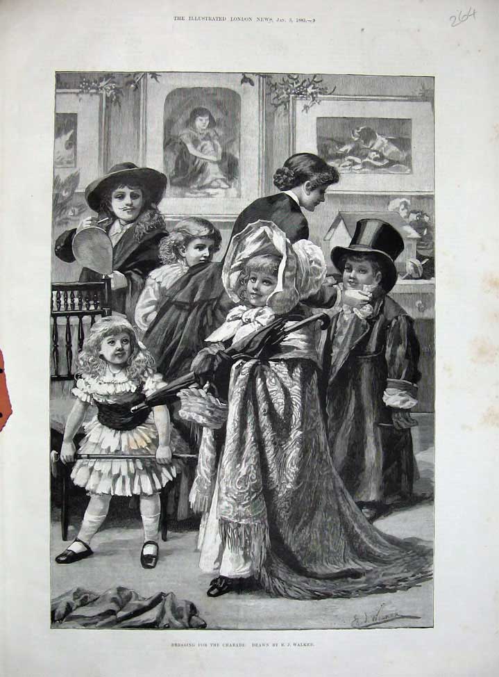Original Old Antique Print 1885 Fine Art Childrens Fancy Dress Costumes Walker