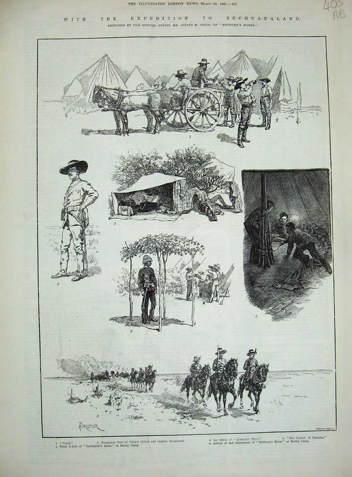 Old Antique Print 1885 Bechuanaland War Barkly Camp Horse Methuen Camp 19th