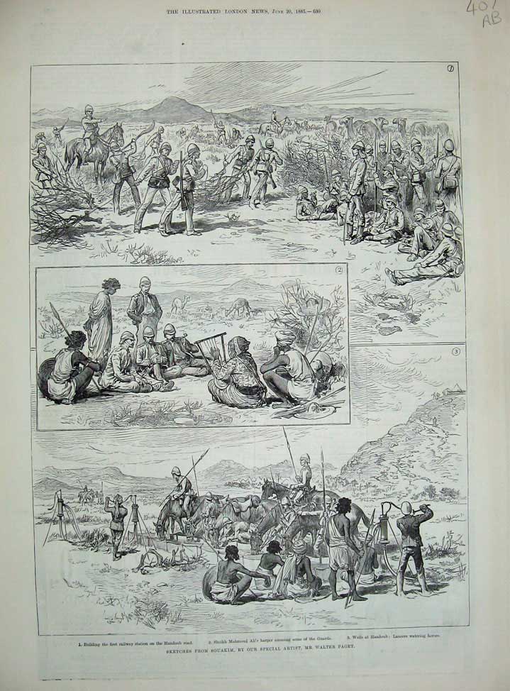 Old Antique Print 1885 Souakim War Railway Handoub Camel Suez Canal Boat 19th
