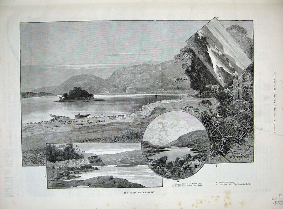Antique Old Print 1885 Lakes Killarney Dunloe Glengariff Eagle'S Nest Art 19th