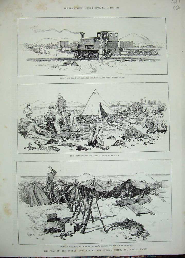Old Antique Print 1885 War Soudan Train Handoub Otao Monck Redoubt Ship 19th