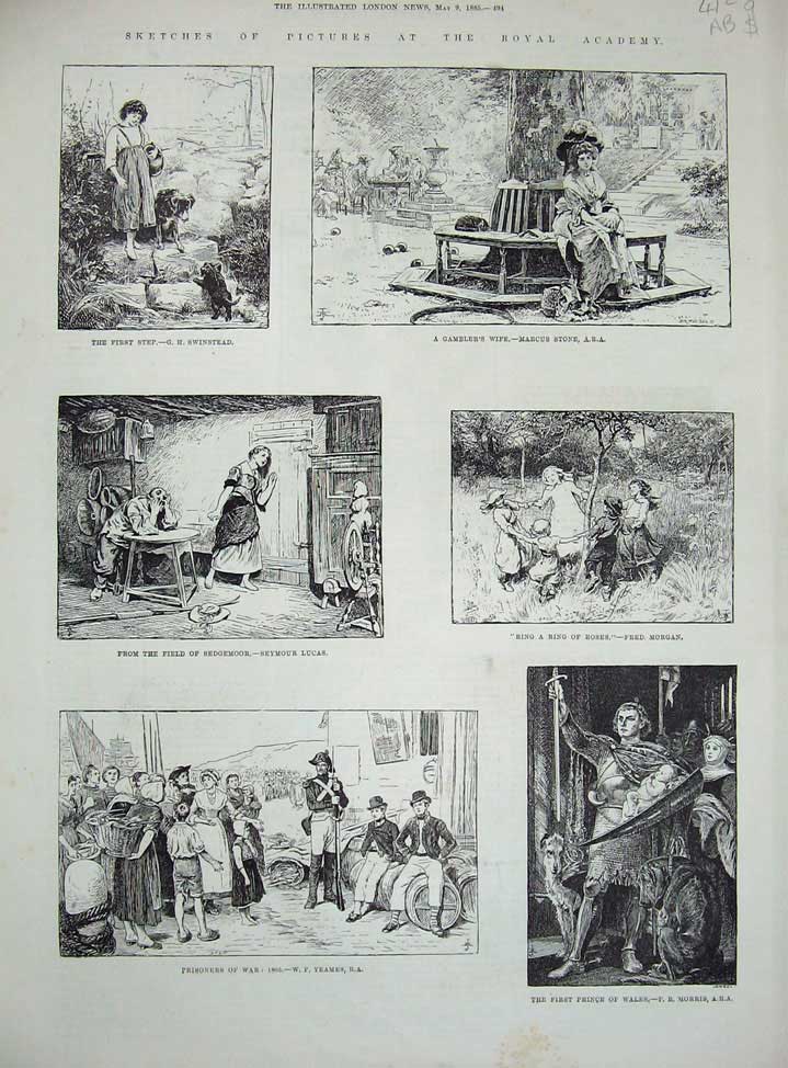 Old Antique Print 1885 Royal Academy Paintings Family Prisoners War Art 19th