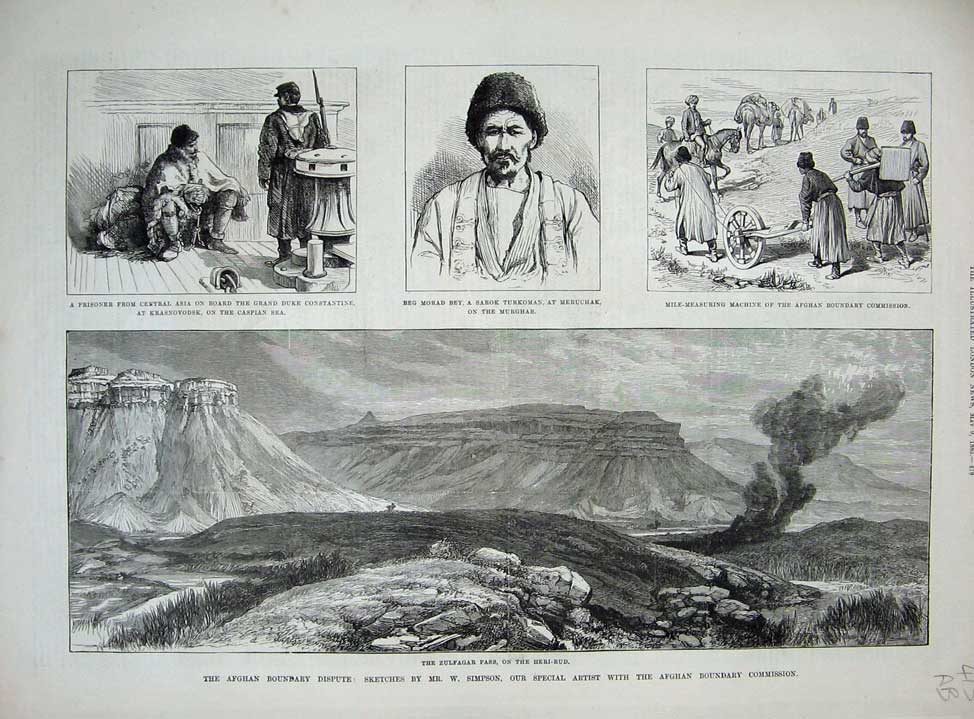 Original Old Antique Print 1885 Afghan War Zulfagar Heri-Rud Pheasant Meruchak