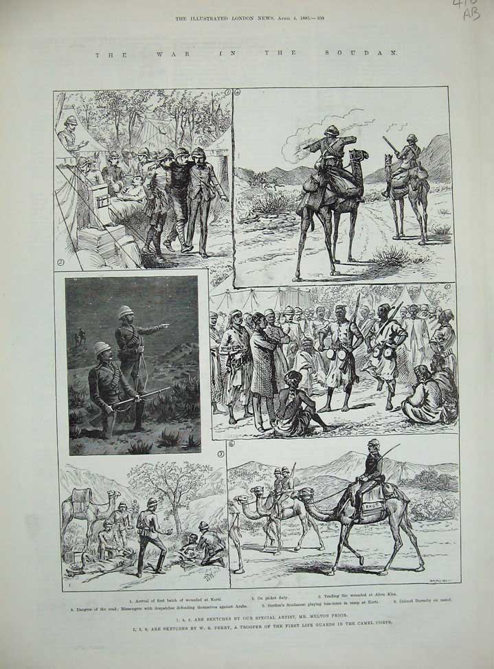 Old Antique Print 1885 War Soudan Korti Camel Liverpool Muntjac Nusshi 19th