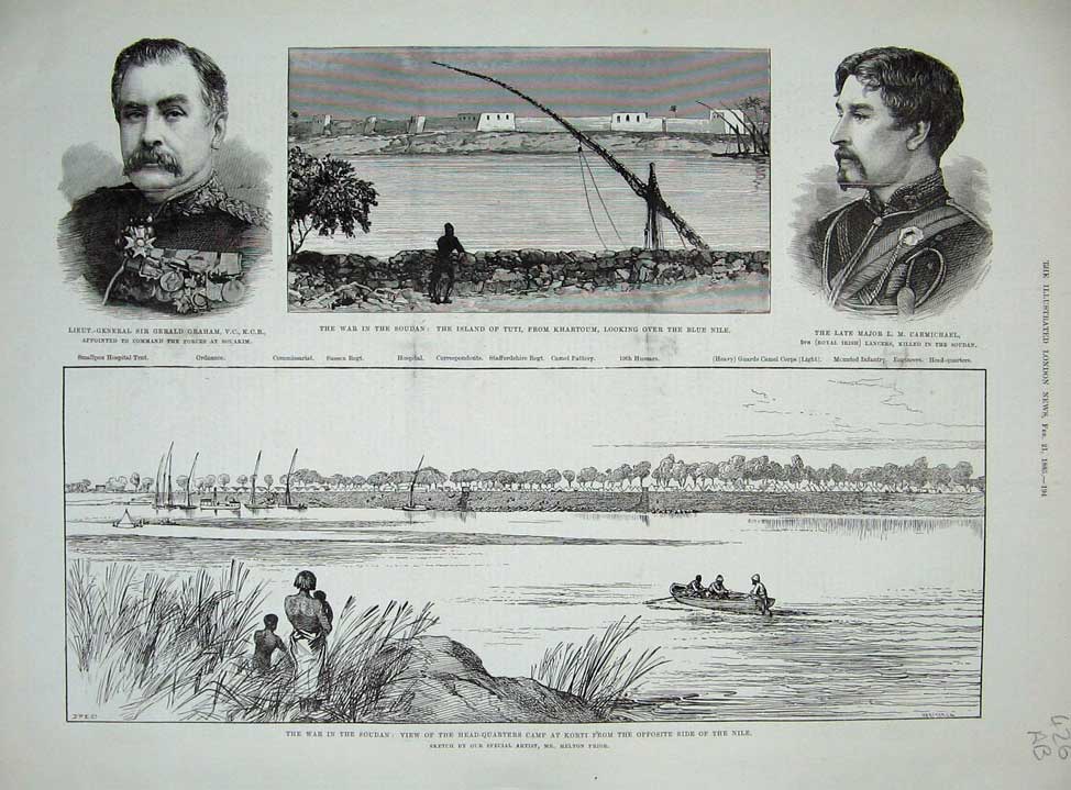 Old Antique Print 1885 War Soudan Tuti Korti Carmichael Graham Prior Art 19th
