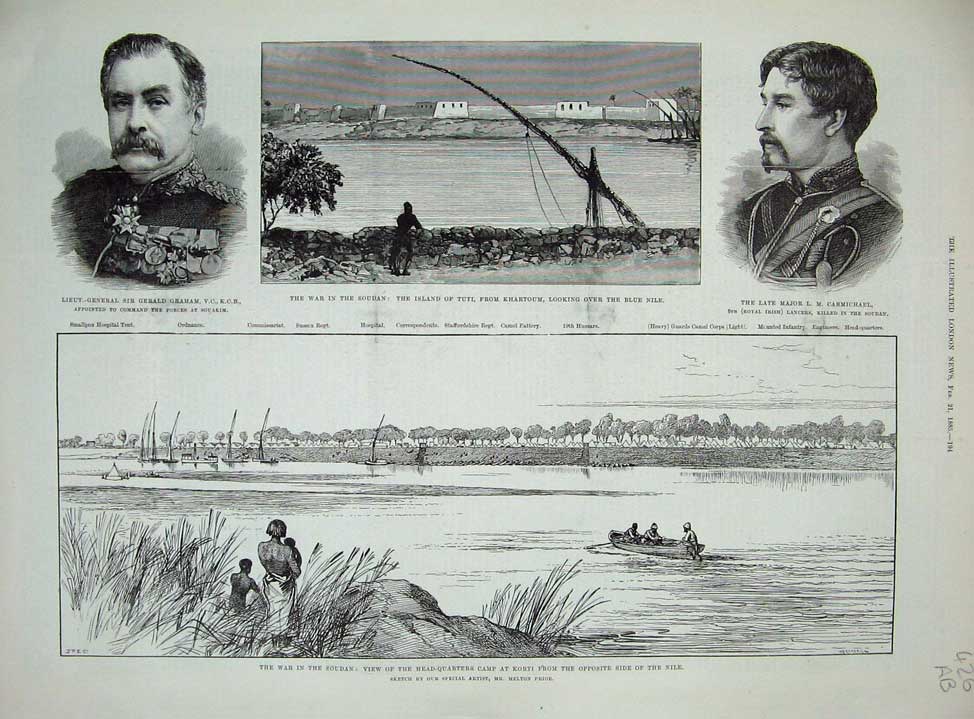 Original Old Antique Print 1885 War Soudan Khartoum Coveny Eyre Bivouac Desert