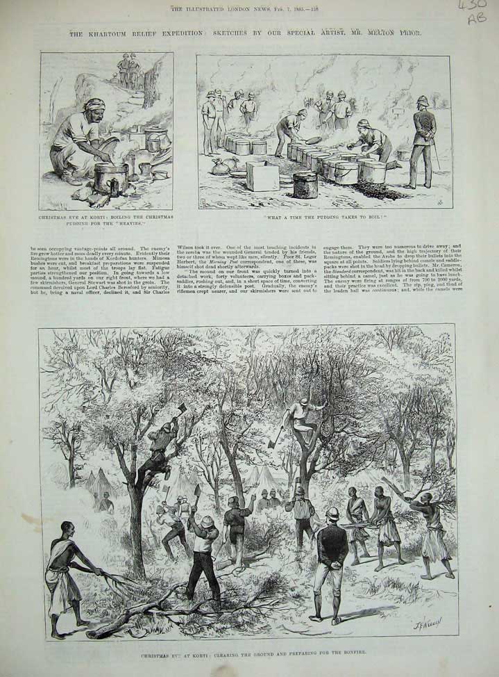 Old Antique Print 1885 Khartoum War Korti Christmas Kitchener Camels Men 19th