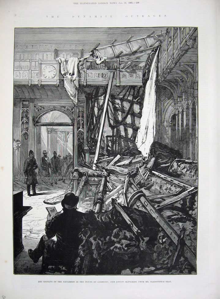 Antique Old Print 1885 Dynamite Explosion House Commons Westminster Lobby 19th