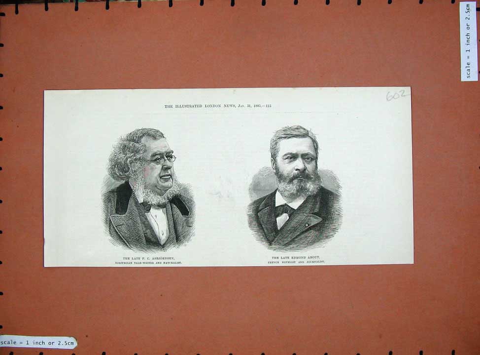 Old Antique Print 1885 Asbjornsen Naturalist Edmond About Journalist Men 19th