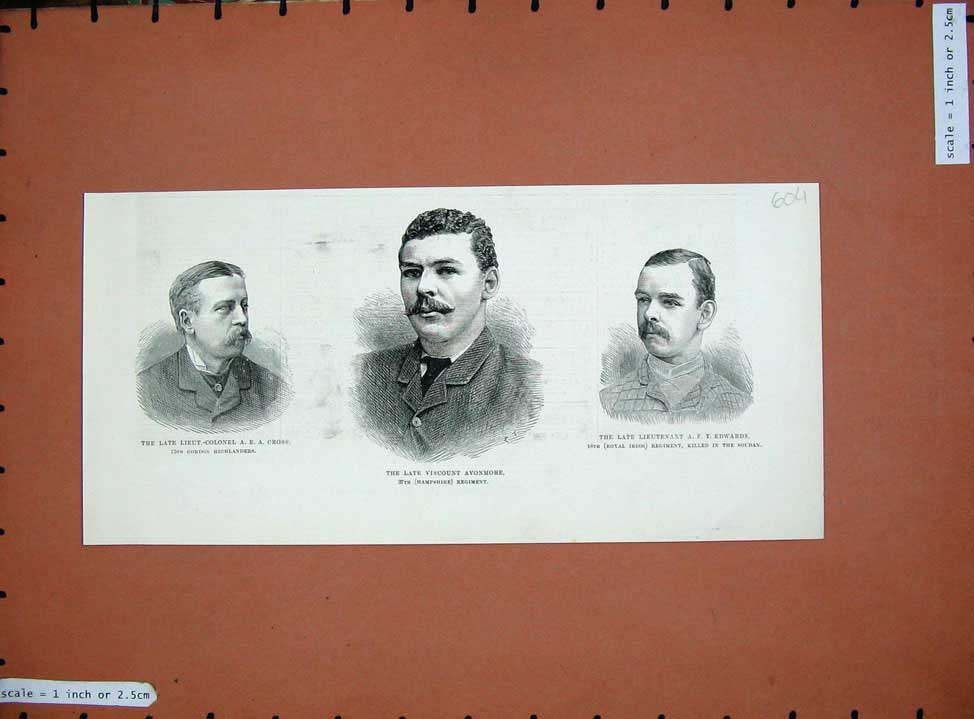 Original Old Antique Print 1885 Colonel Cross Viscount Avonmore Edwards War Men