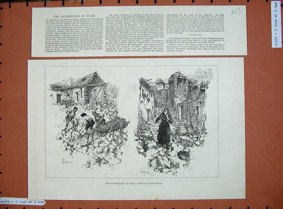 Original Old Antique Print Earthquake Spain 1885 Ruins Albunuelas Buildings
