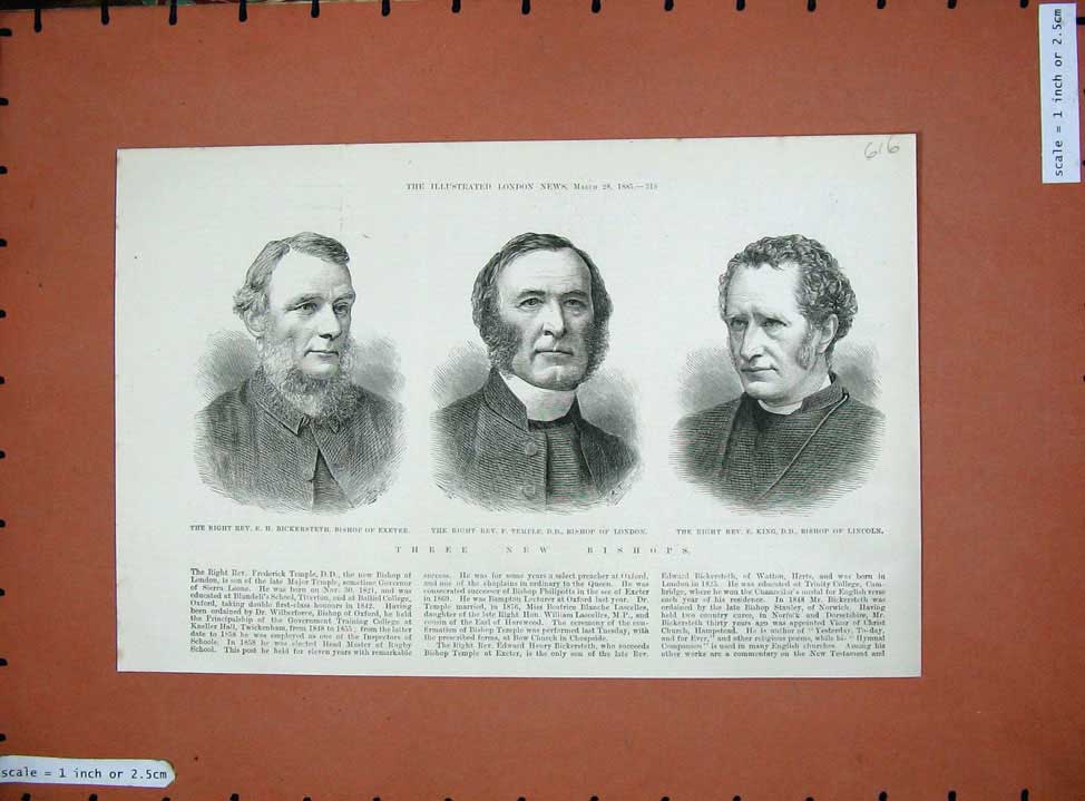 Old Antique Print Bishops 1885 Bickersteth Exeter Temple London King Men 19th