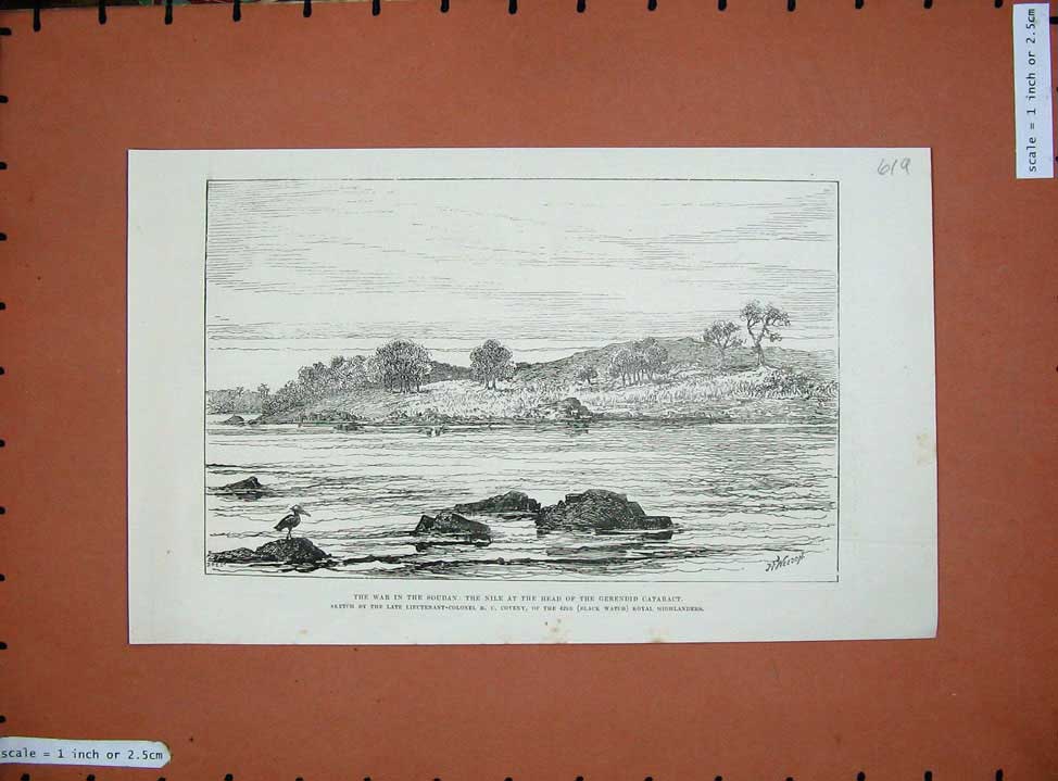 Original Old Antique Print War Soudan 1885 River Nile Gerendid Cataract Coveny