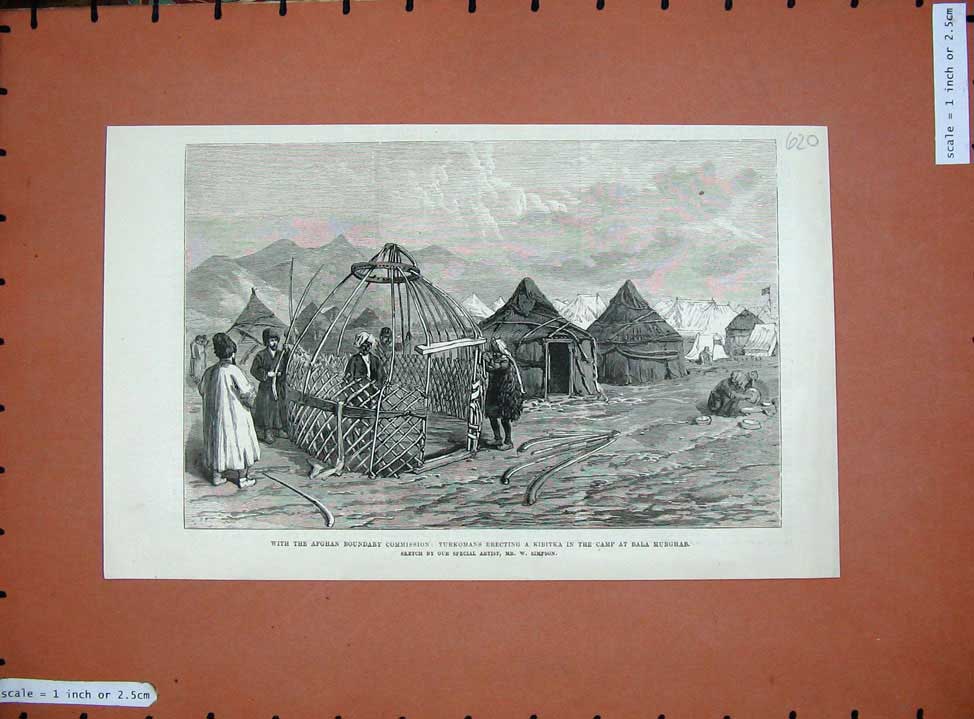 Original Old Antique Print 1885 Afghan War Turkomans Kibitka Camp Bala Mufghab