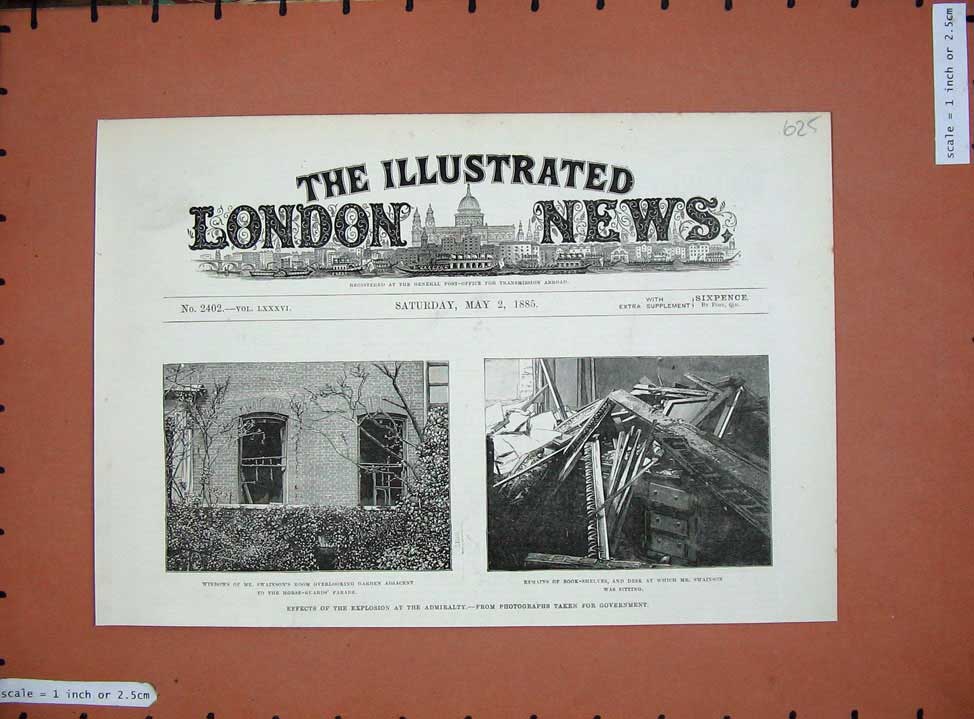 Original Old Antique Print 1885 Explosion Admiralty Swainson Ruins Buildings