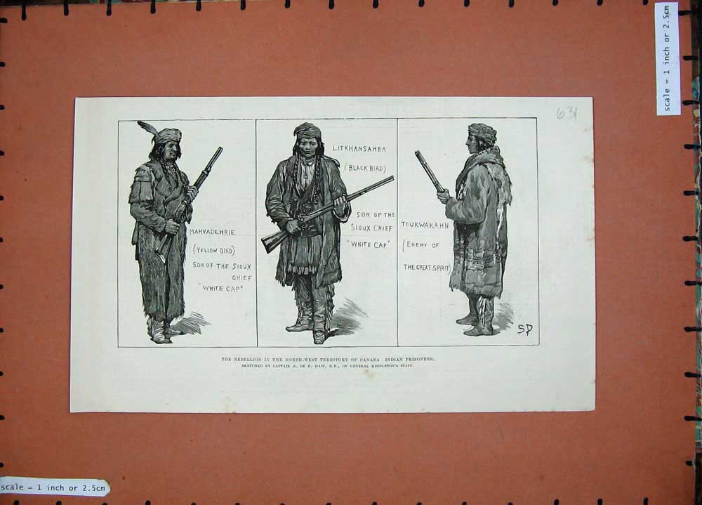 Original Old Antique Print 1885 War Rebellion Canada Sioux Chief Toukwakahn Men