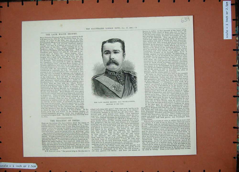 Original Old Antique Print 1885 Major Brophy Highlanders War Man Drowned Nile