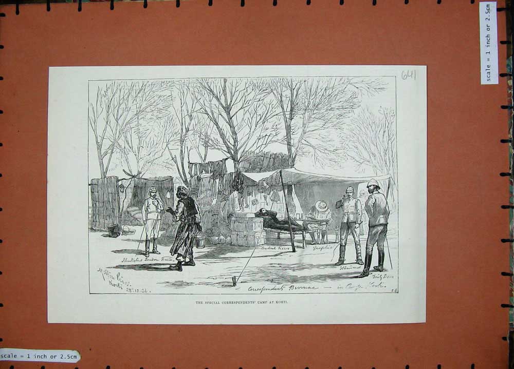Original Old Antique Print 1885 War Sketch Camp Korti Men Siers Melton Prior