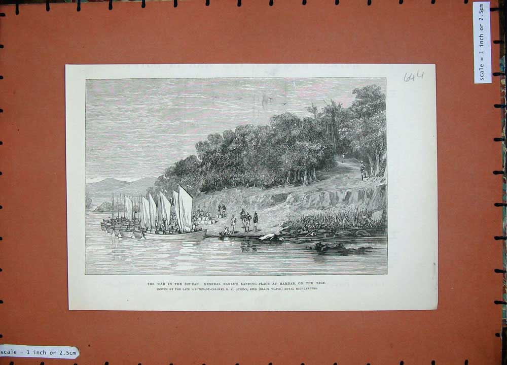 Old Antique Print War Soudan 1885 General Earle Hamdab River Nile Coveny 19th