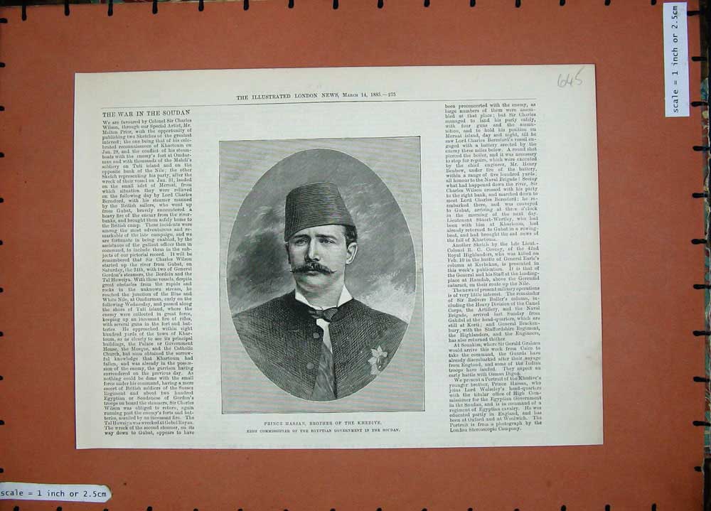 Original Old Antique Print 1885 Prince Hassan Brother Khedive Soudan War Egypt