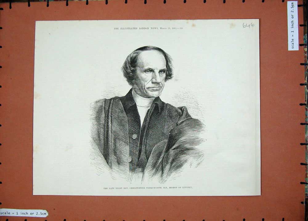 Old Antique Print 1885 Portrait Rev. Christopher Wordsworth Bishop London 19th