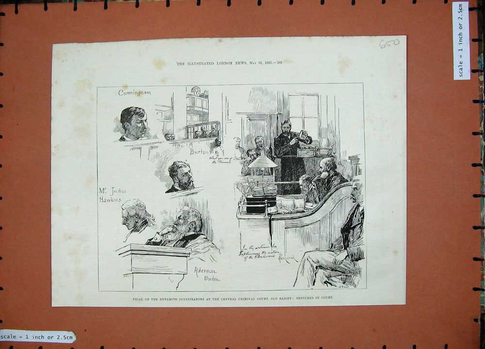 Original Old Antique Print 1885 Central Criminal Court Trial Bailey Dynamite