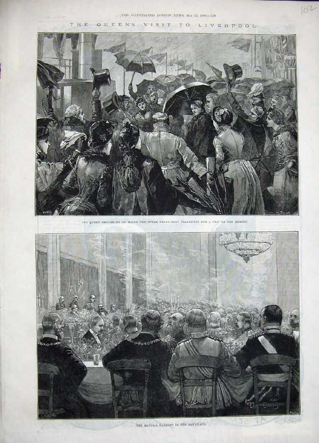 Original Old Antique Print 1886 Queen Liverpool Mayor Banquet Townhall Mersey