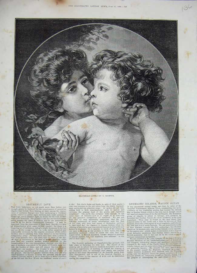 Original Old Antique Print 1886 Fine Art Brotherly Love Babies Richter 19th